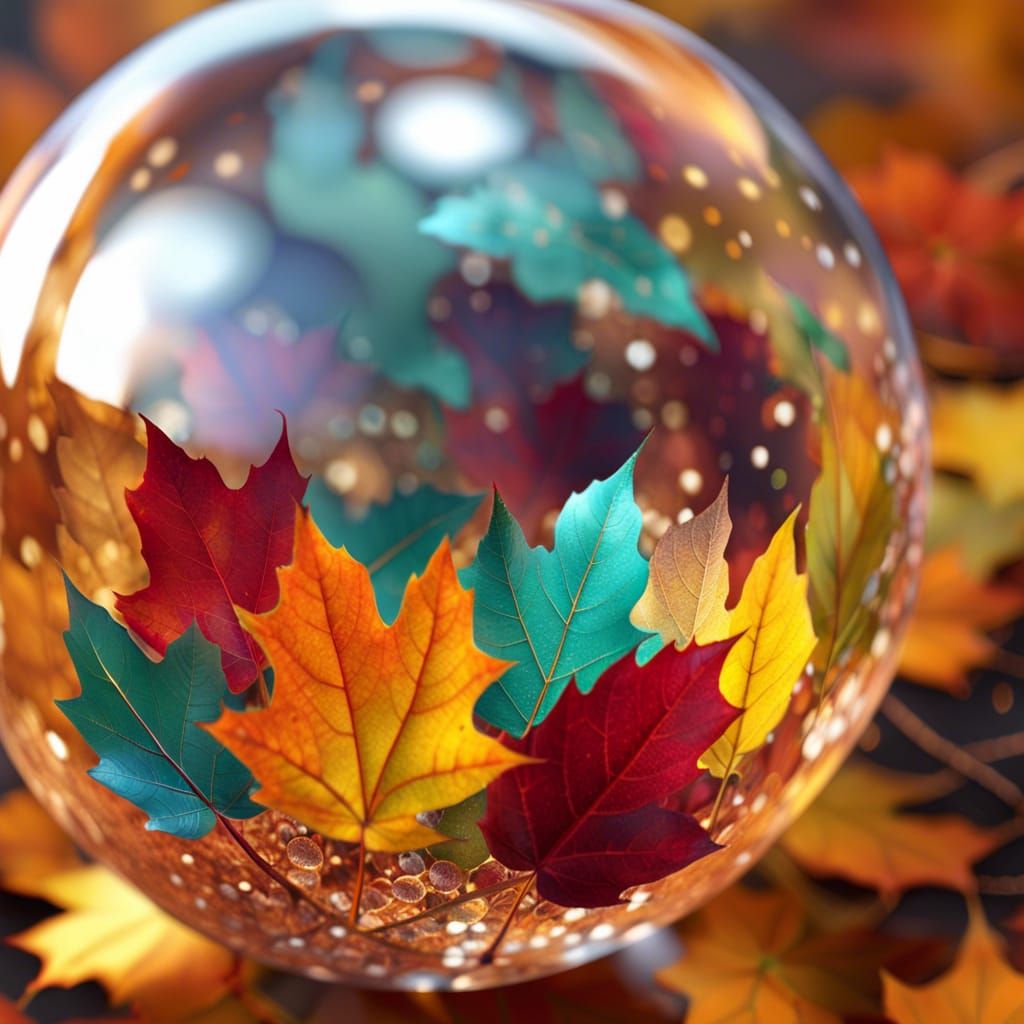 Colorful autumn mable leaf in a Glas sphere, beautiful, glit...