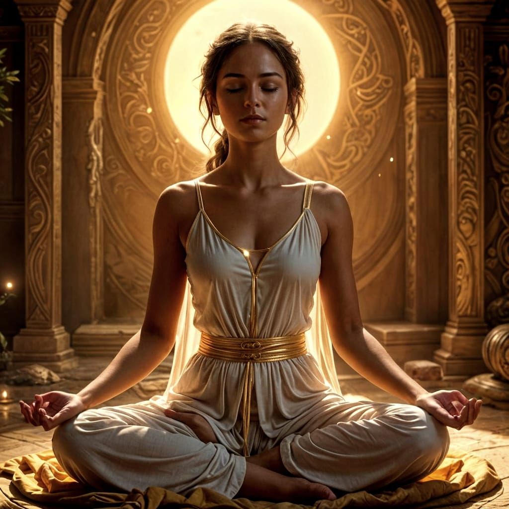 A character held by a calm, protective glow while meditating  by @Quebra