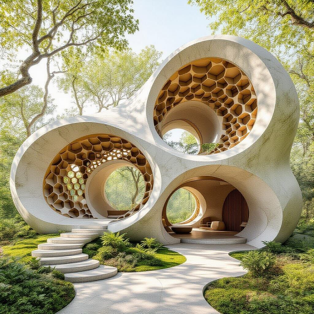 Biophilic geometry design, flowing organic forms fused with precise geometric structures, sacred-geometry ...  by @Jedda