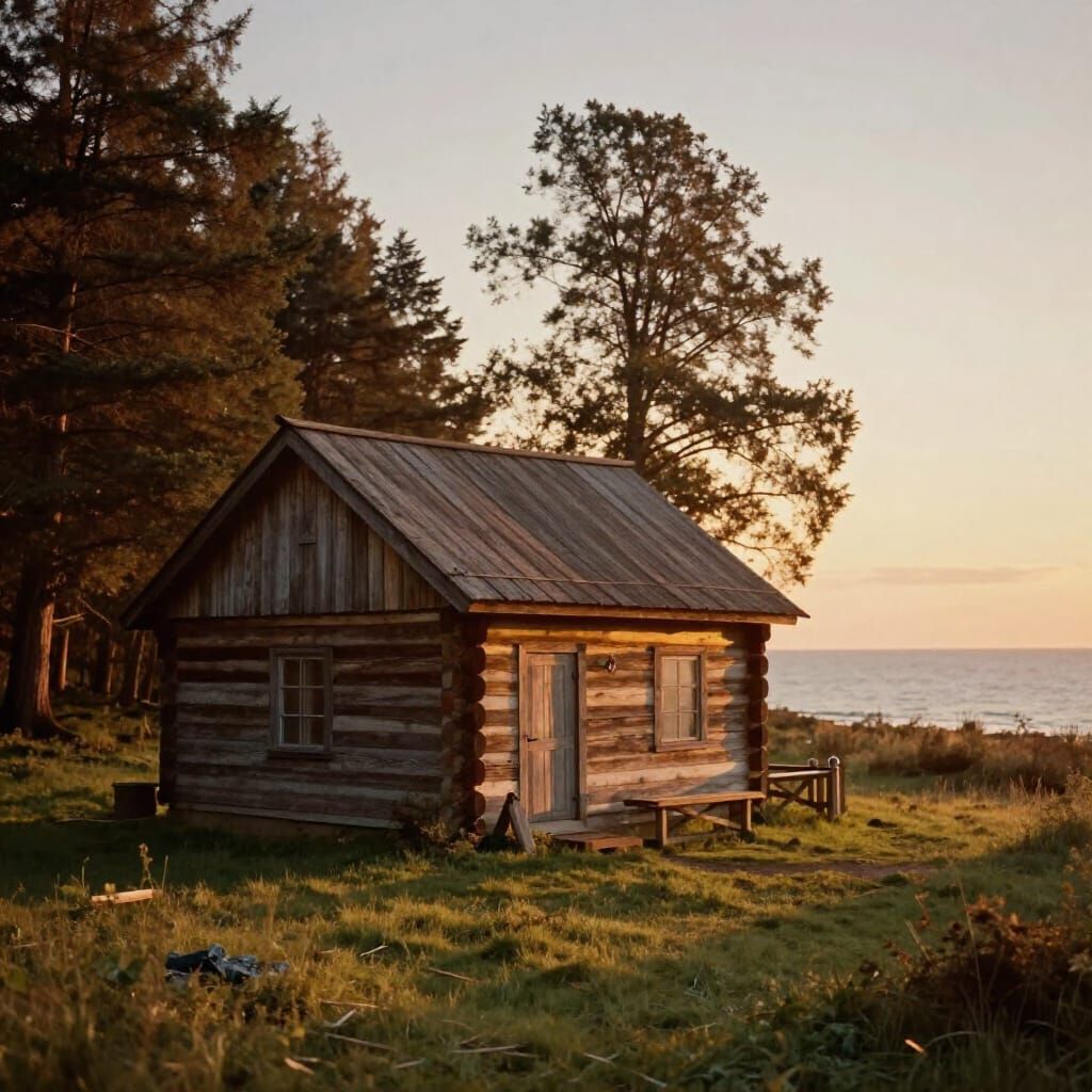 Vintage Log Cabin at Sunset, Pictorialist Style
