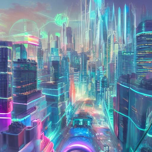 Generate a futuristic cityscape at dusk with neon-lit skyscrapers ...