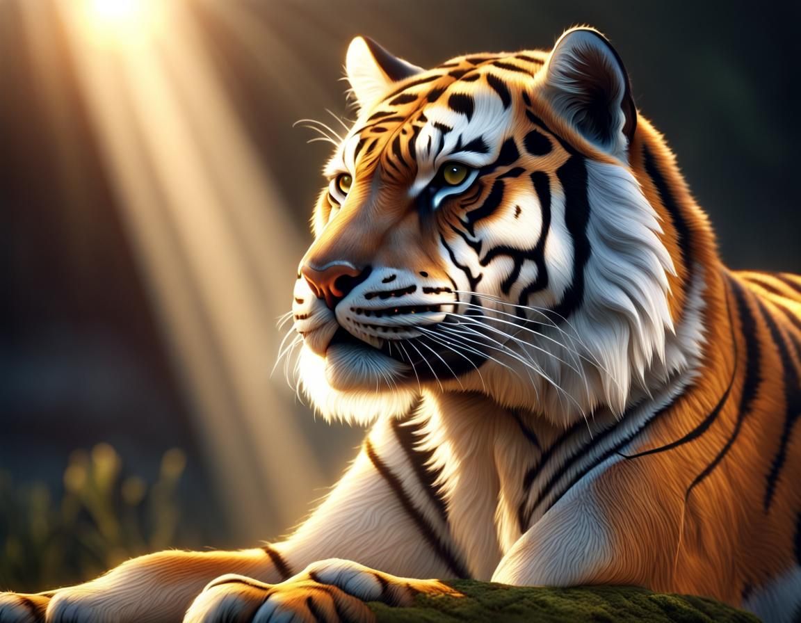 A majestic tiger, volumetric lighting, hyperdetailed, light ...
