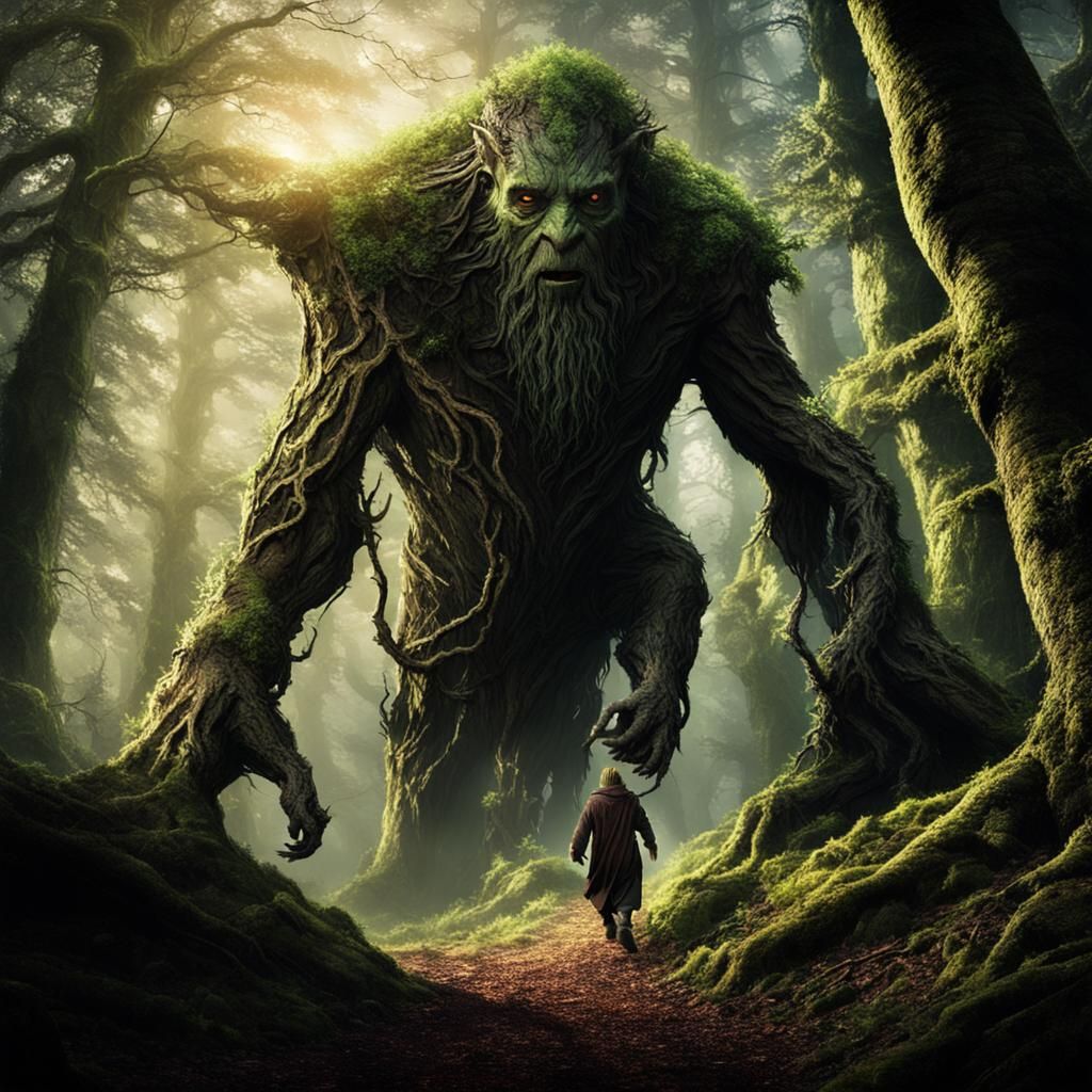 An Ent, a tree creature, walking through the forest, Lord of...