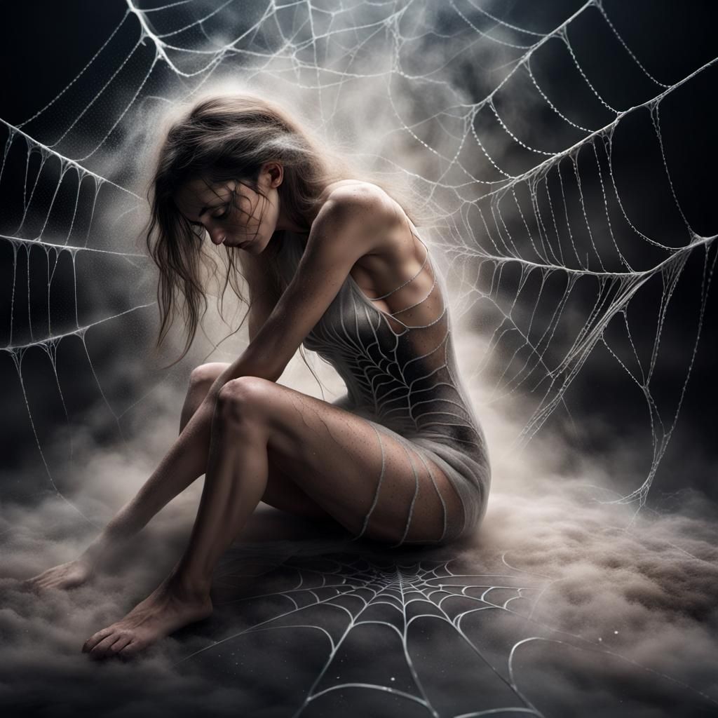 A angelic woman trapped in a spider web on her knees bent ov...