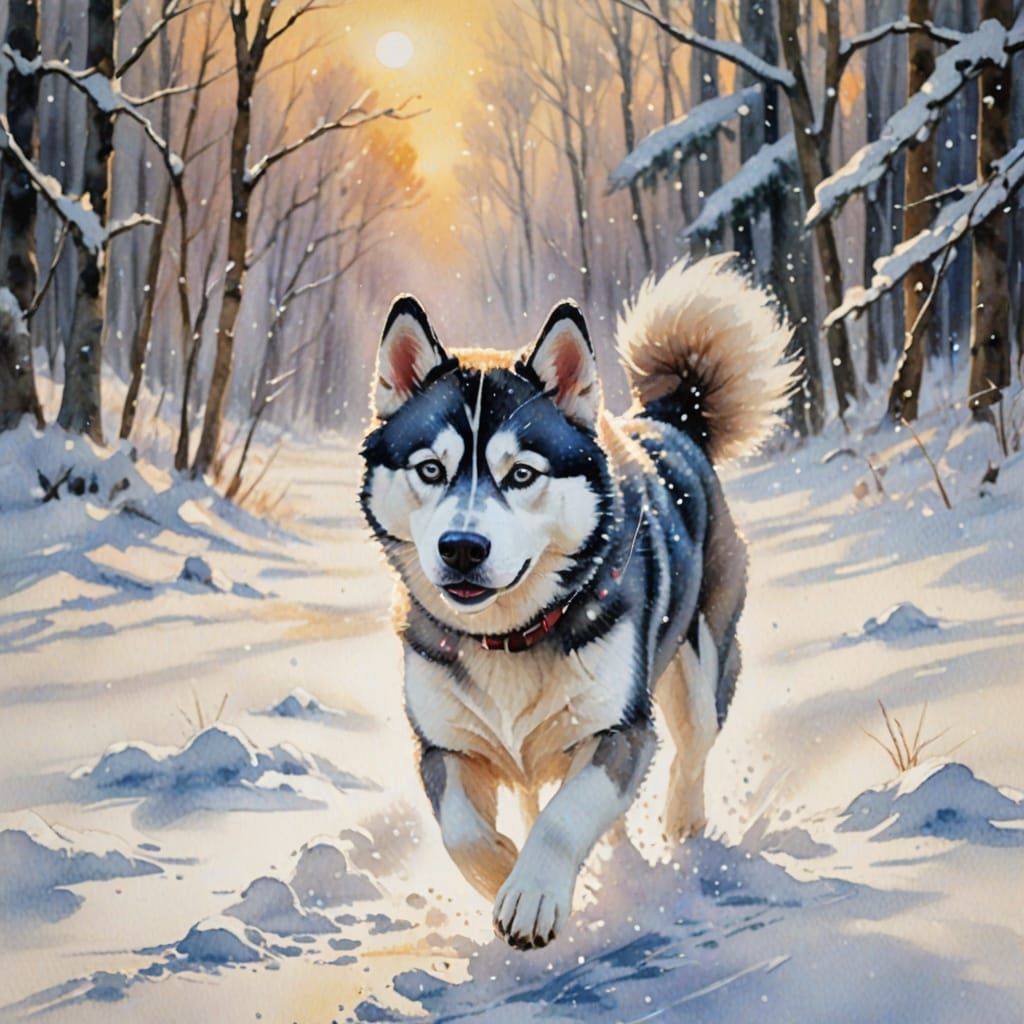 Siberian Husky playing in the snow, 