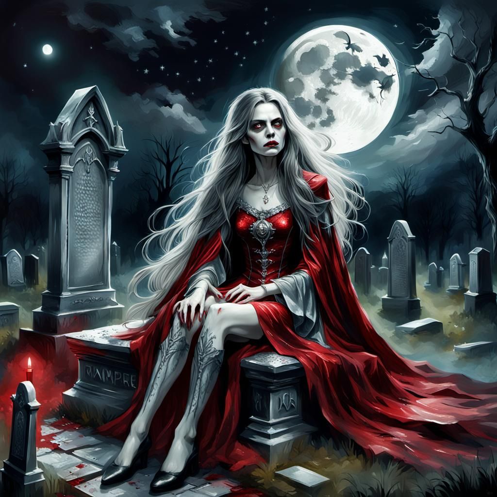 Beautiful Vampire on Gravestone in Moonlight