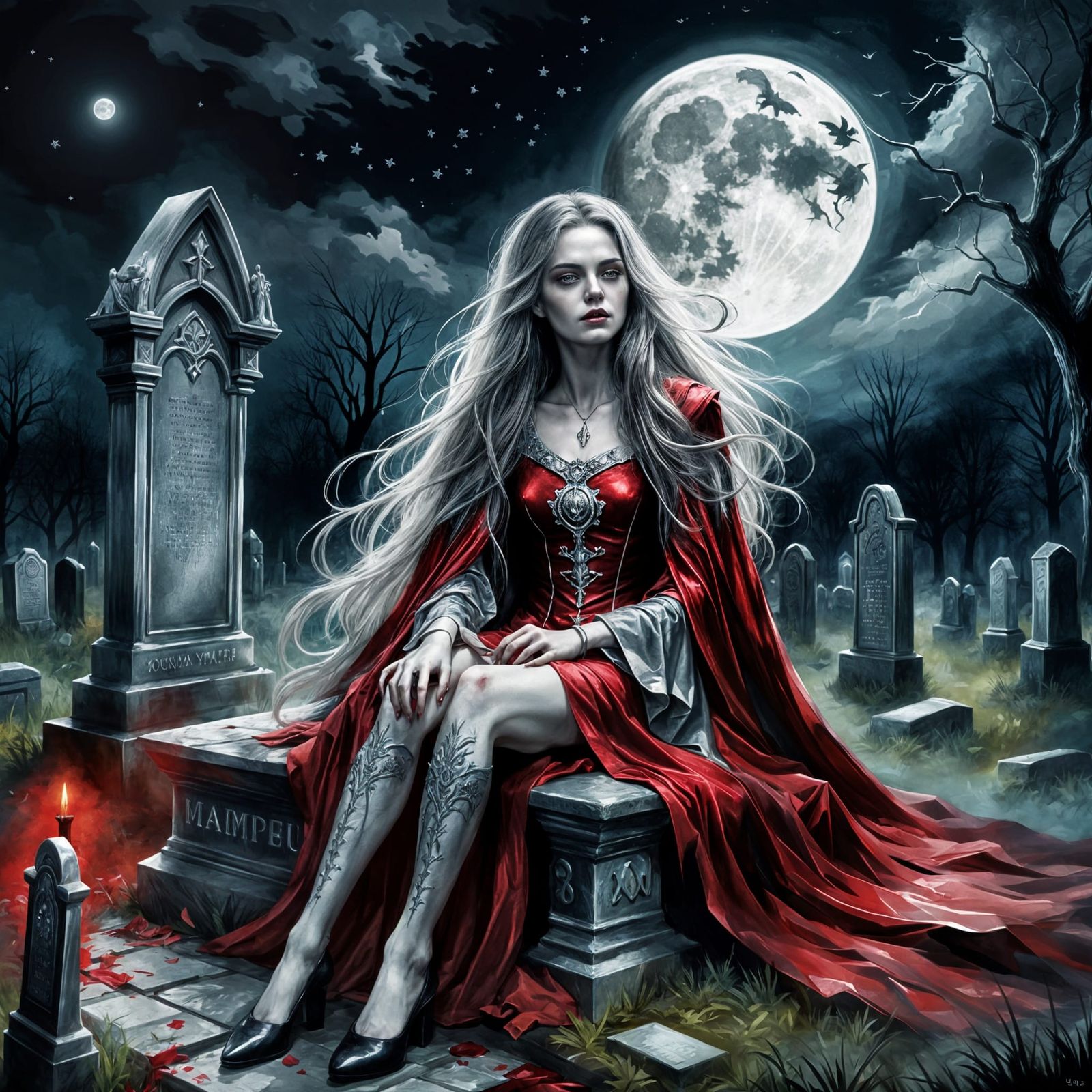 Beautiful Vampire on Gravestone in Moonlight