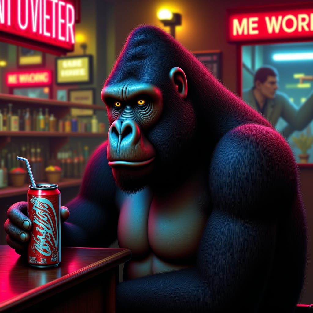 <lora:Naivepunk V2:1.0> A close up of a gorilla holding a can of soda with a straw in a bar