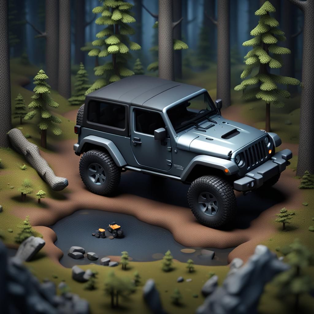 a dark matte grey Jeep Wrangler in the woods