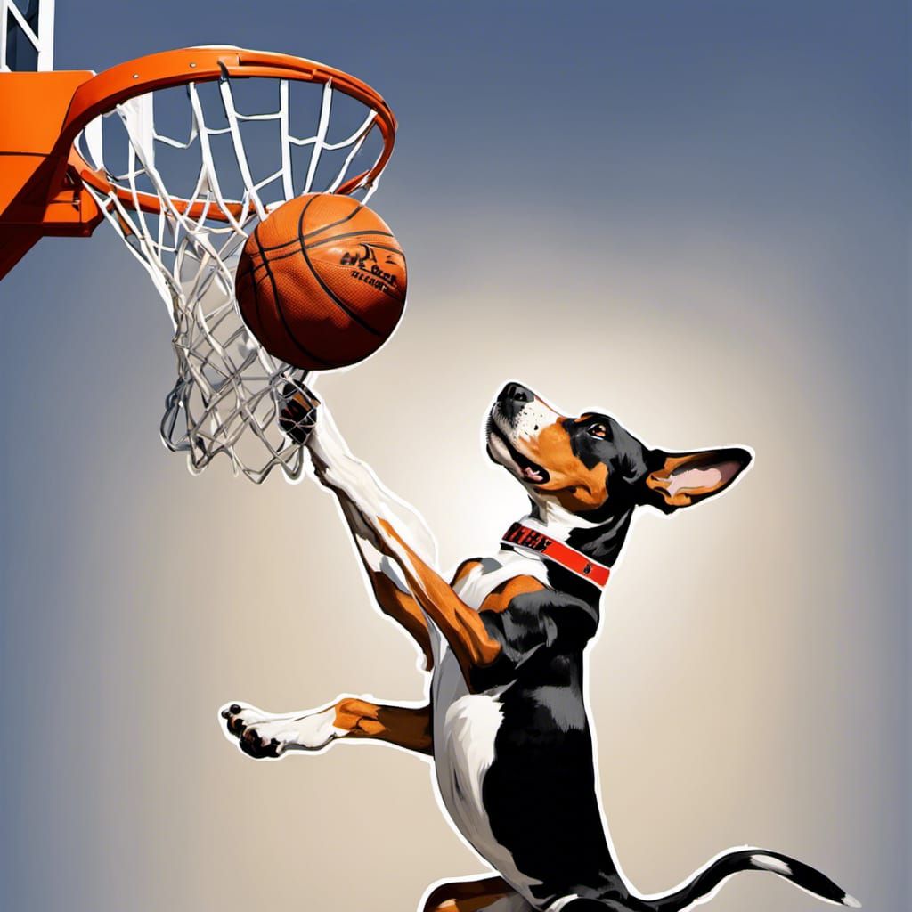 A scene of a dog, forcefully dunking the ball over the rim. The dog is