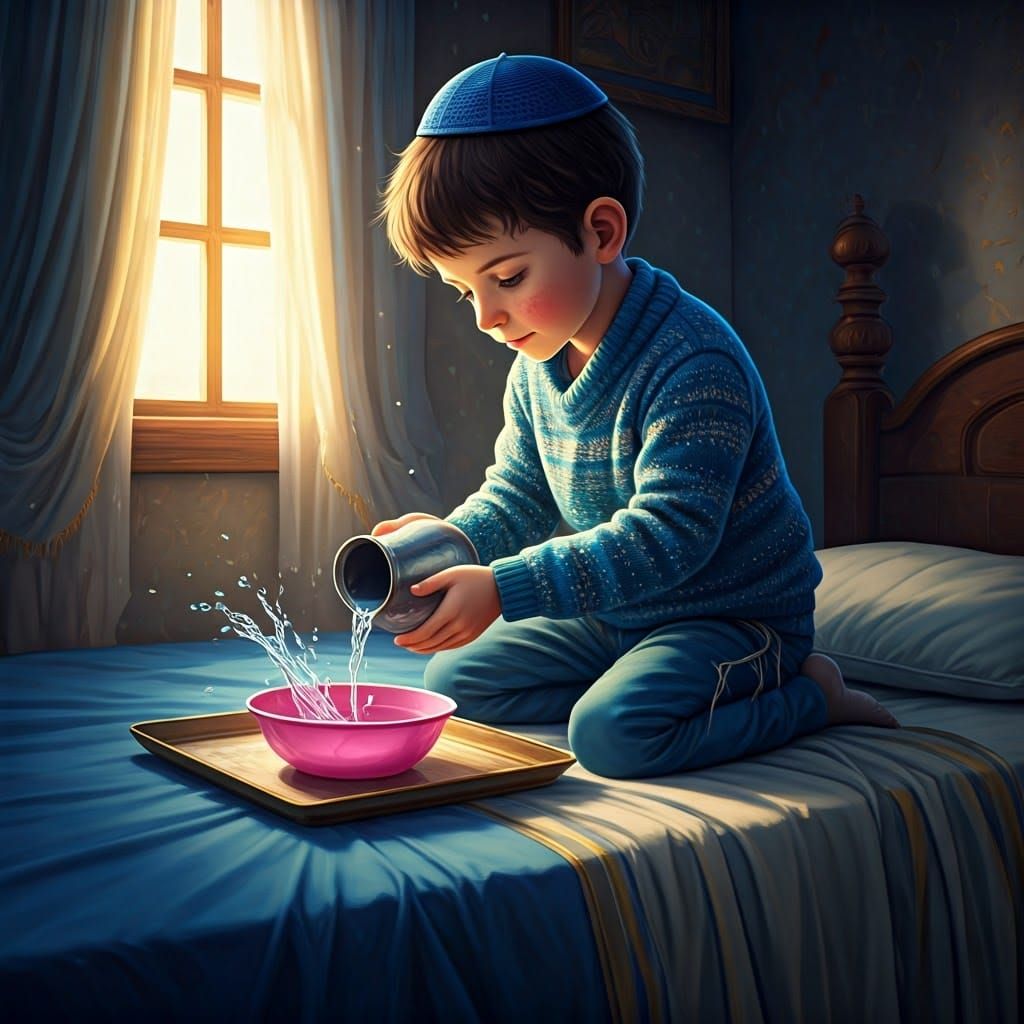 Young Boy Performs Traditional Morning Ritual in a Serene Se...