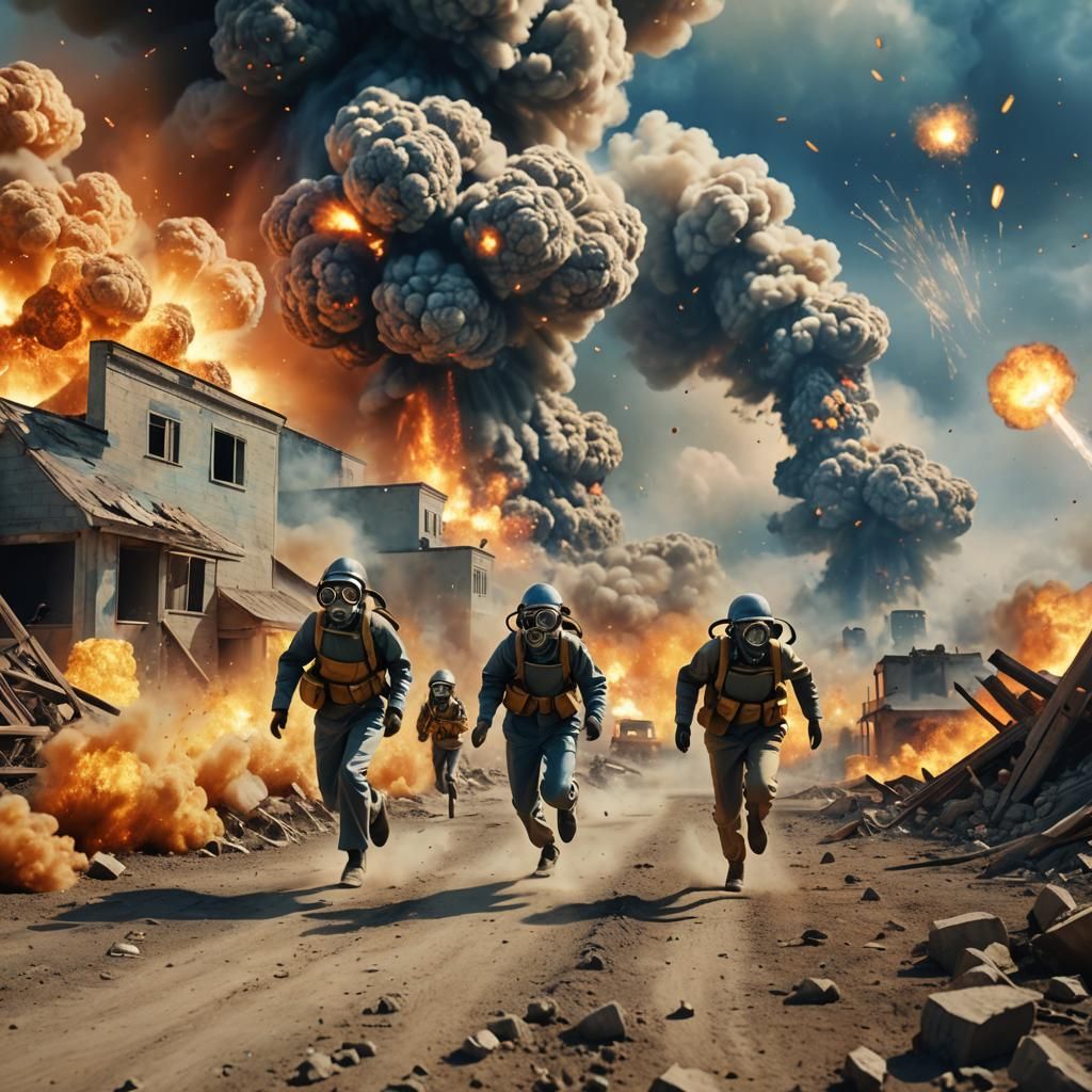 Atomic War Scene: Family in Gas Masks