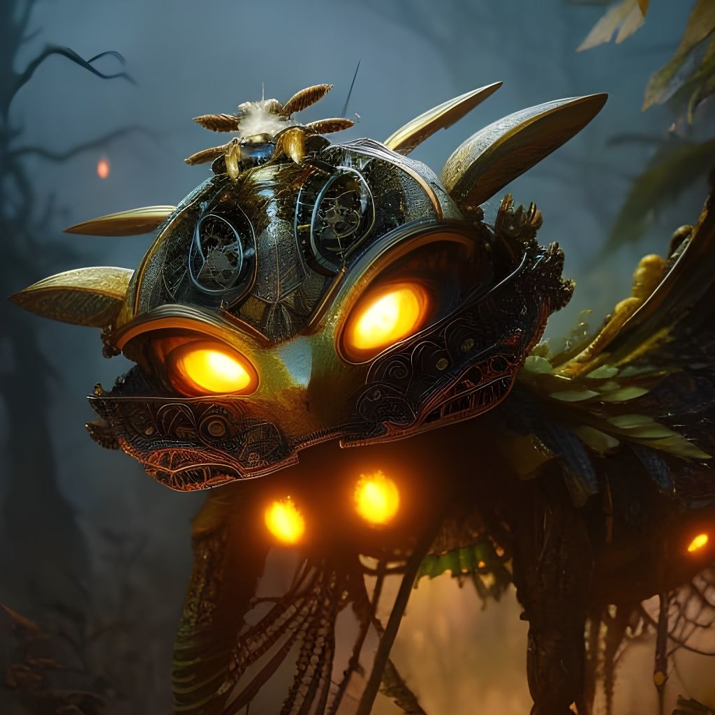 Filigree Cyborg Gremlin in a Solarpunk Alien Landscape