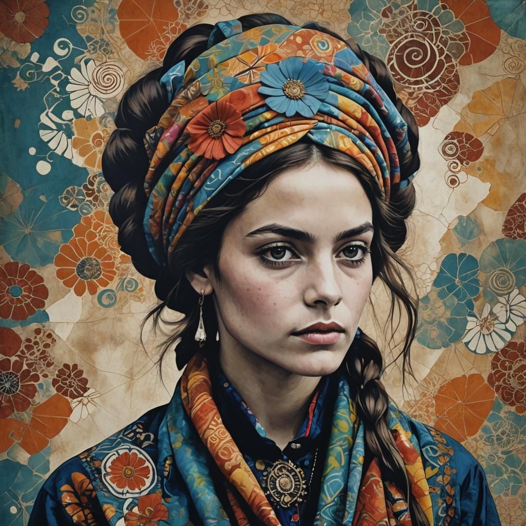 portrait, bohemian, fashion photography, modern, Pietro Annigoni, groovy, batik, quajar art, mixed media, ...  by @nafri