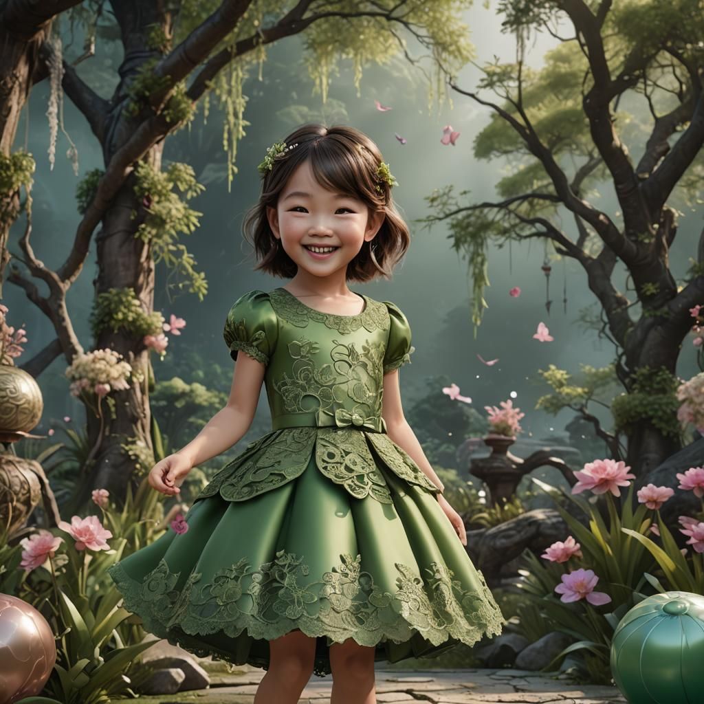 Toddler girl Asian brown hair smile lace satin party dress g...