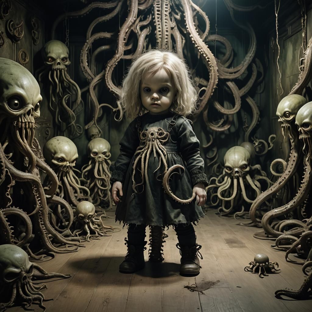 Lovecraftian horror fused with a chibli baby,holding a dolly