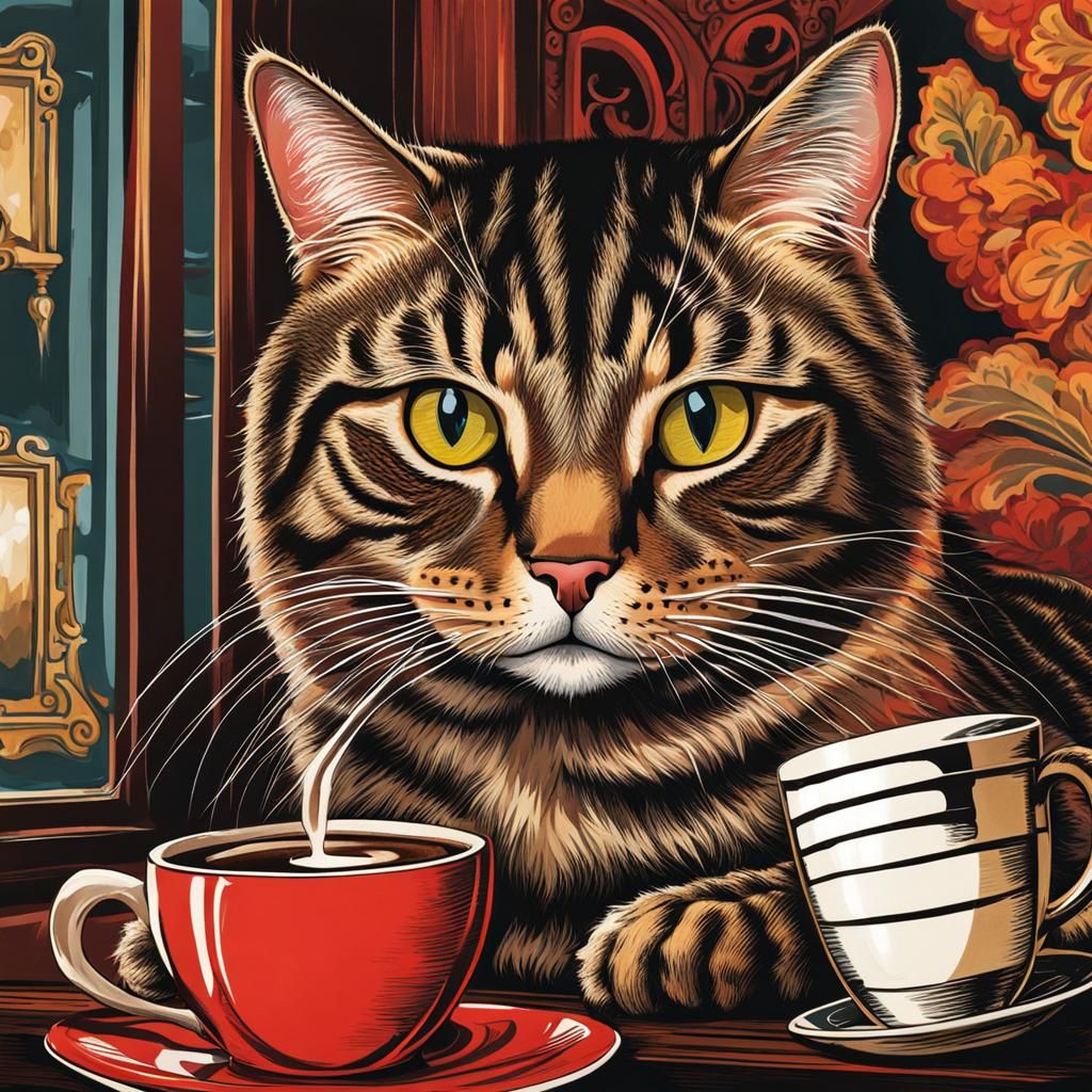 Tabby cat drinking coffee