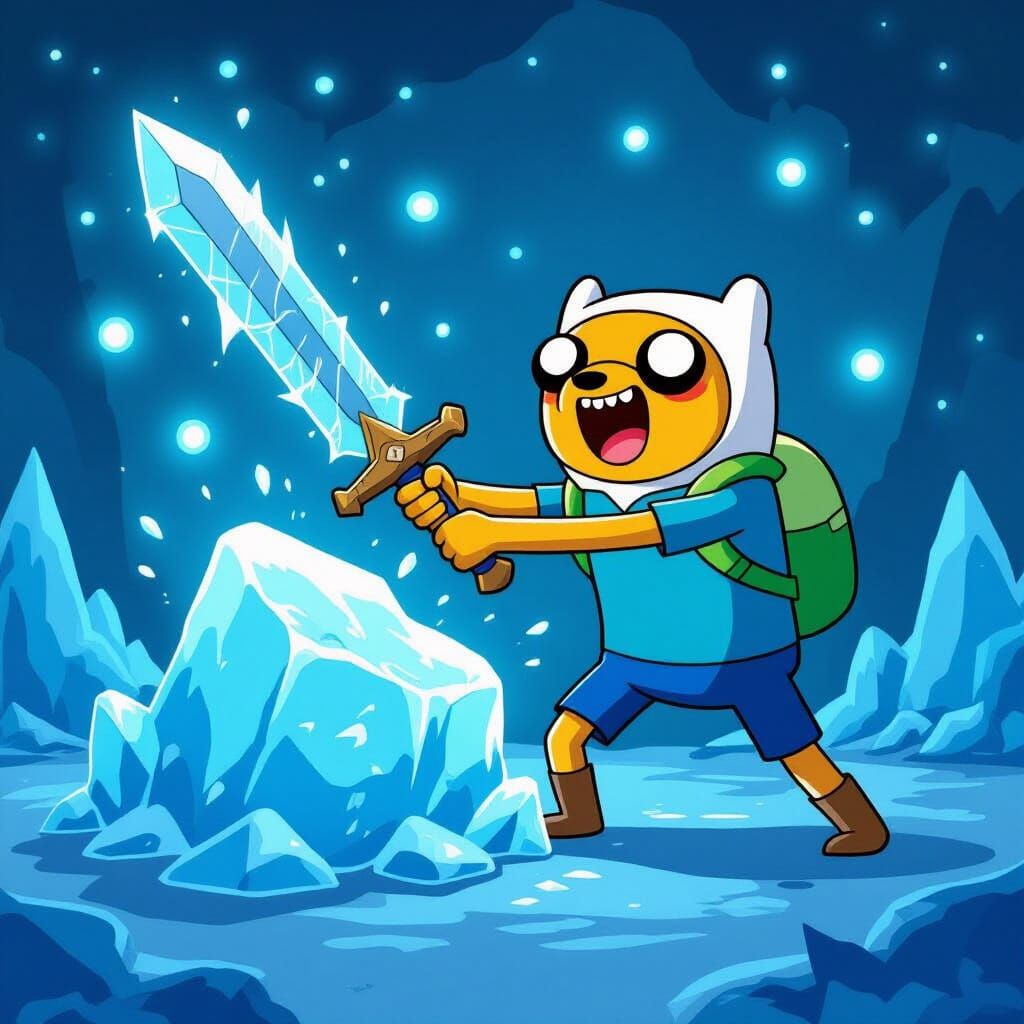 Adventure time series fin and jake fin slams sword im chunk of ice blue lights cartoonish awesome