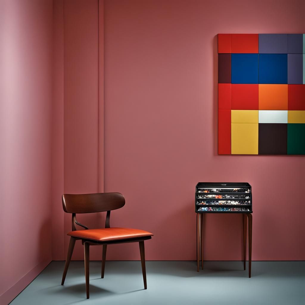 objects in a minimal room, in the style of Serge Moreno Cohe...
