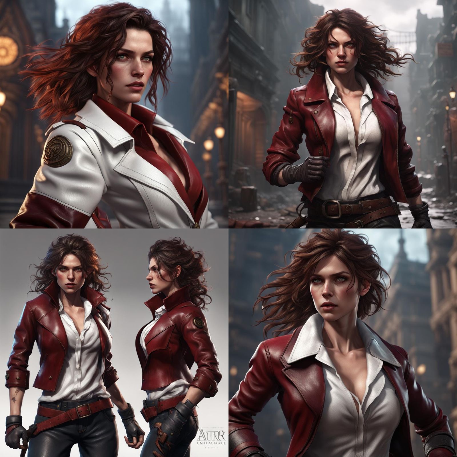 A scruffy female brawler wearing a white blouse and dark red...