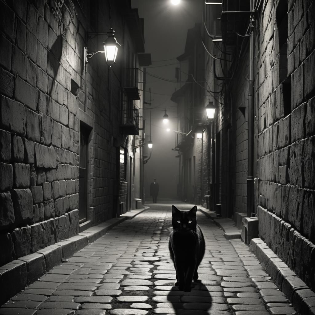 Black cat walking in an alley,  black and white photo, monochrome, photo realistic 