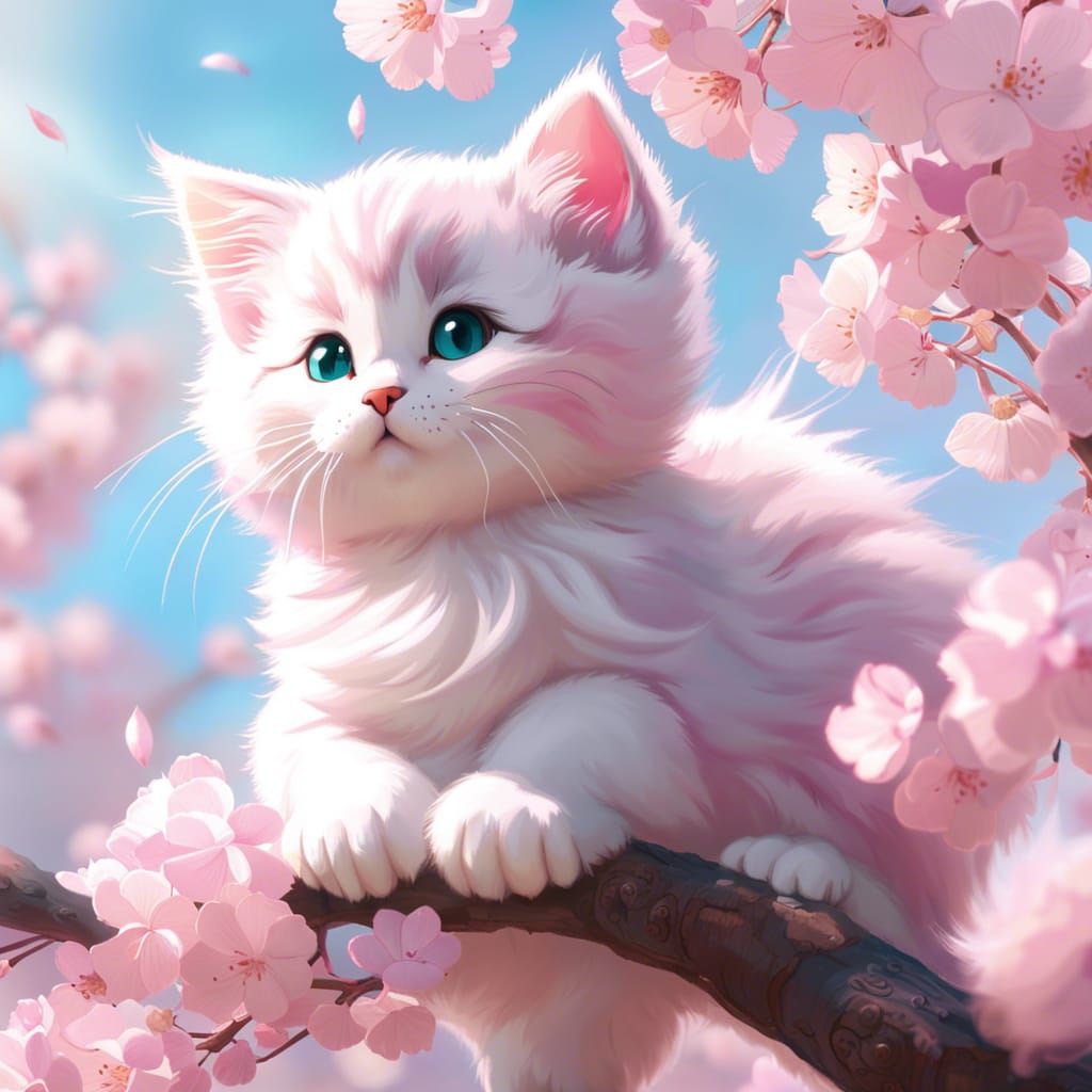 Cute Pastel Kitty Playing in Cherry Blossoms