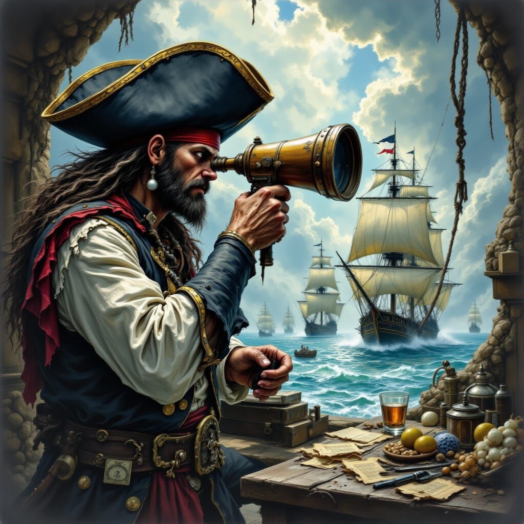 <lora:Davy Jones Locker:1.0> a grainy pirate using his eyepiece to view land ho!