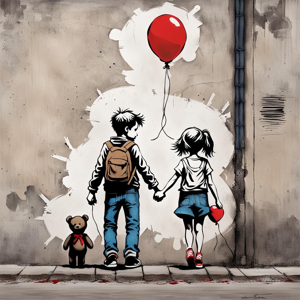 In banksy art style,A whimsical drawing of a boy and girl ho...