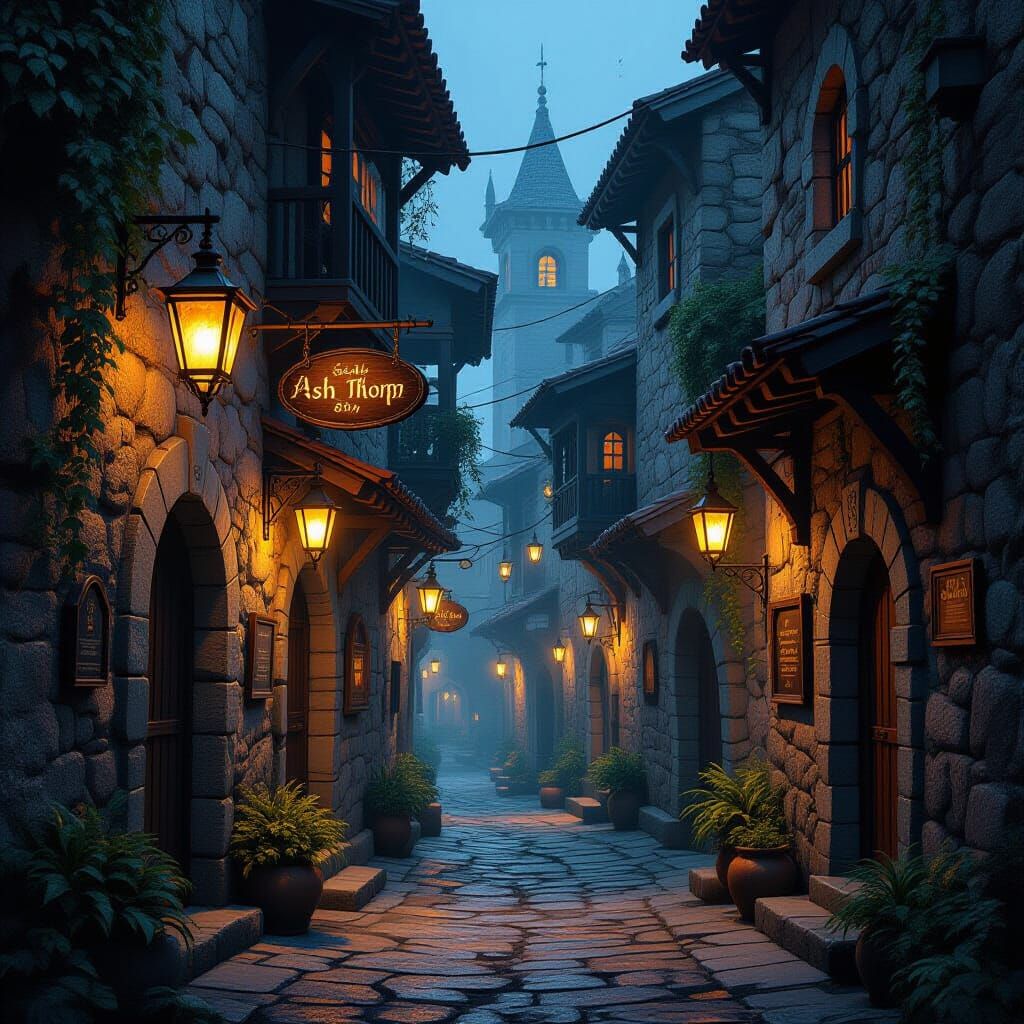 Mystical Ancient City Alley with Glowing Lanterns