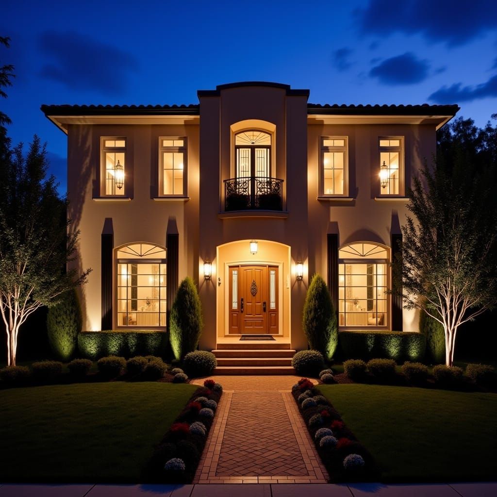  <lora:Art Deco Flux:1.0> art deco style home exterior, dynamic lighting 