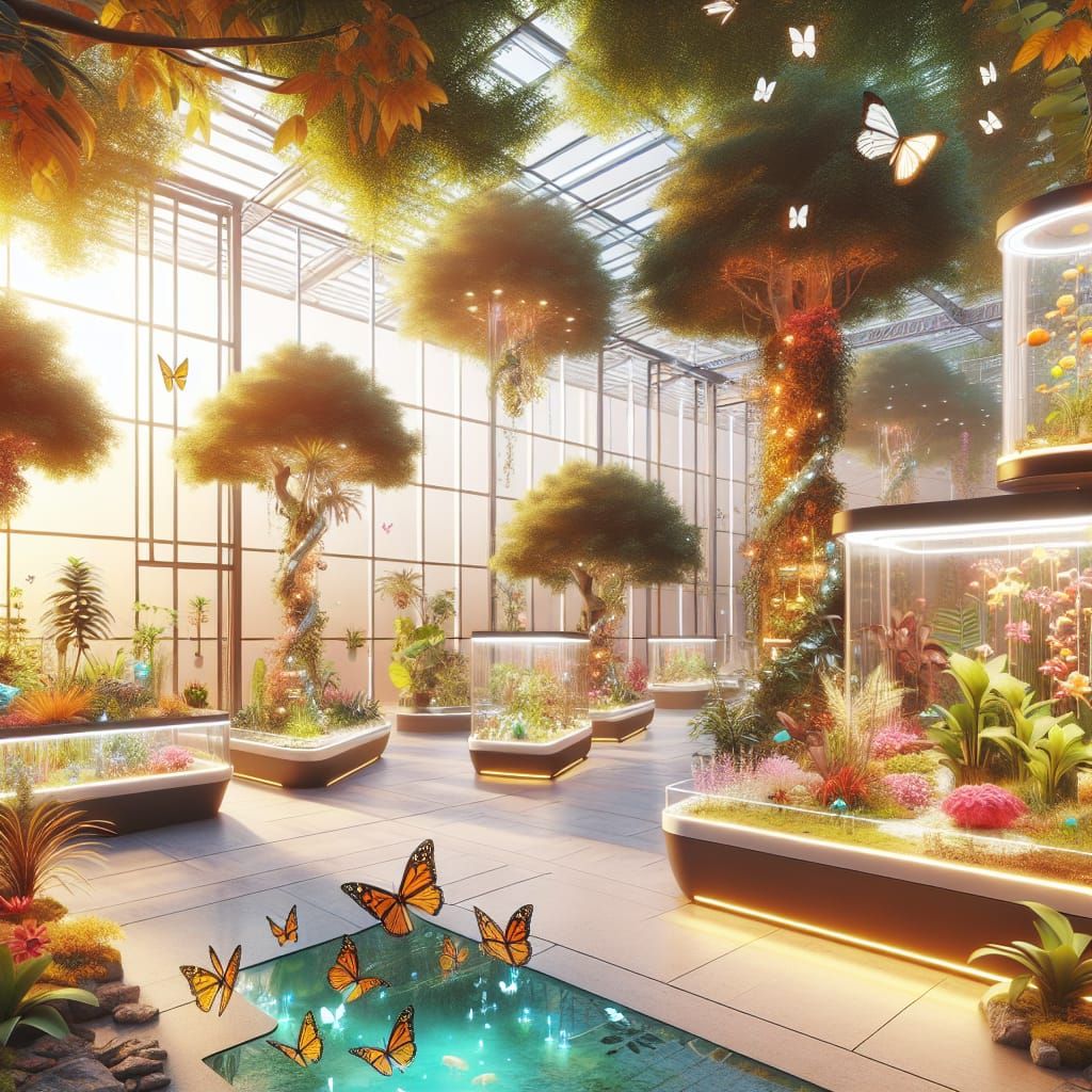 futuristic cosy greenhouse with trees  plants and flowers an...