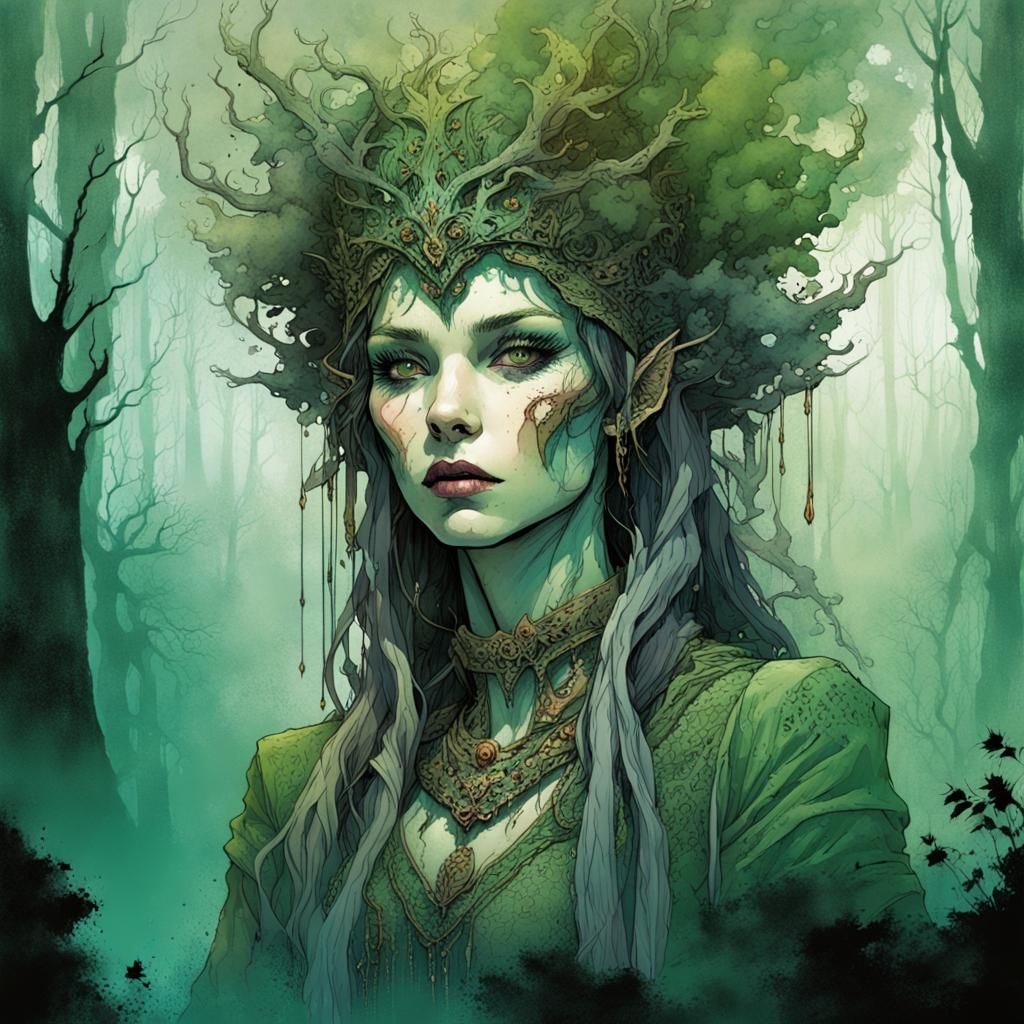 Potrait of Elf queen, forest in the background 
. Colorful art. dark fantasy splash art, by Jean Giraud ...  by @Risiam 