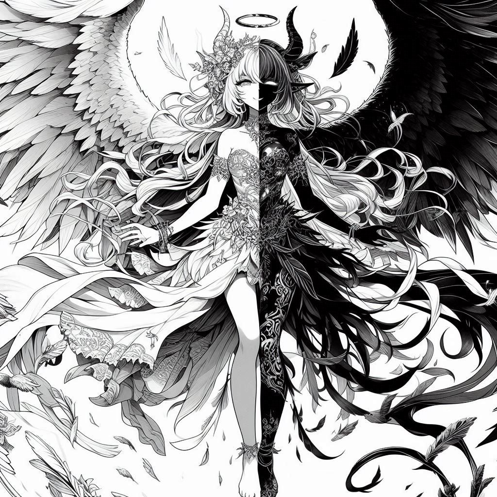 Japanese anime style, full body view female half angel half ...