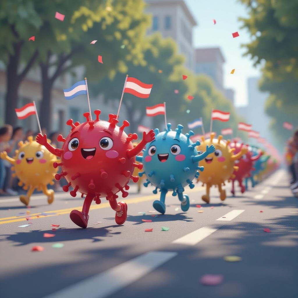 The Virus Parade

“Adorable round viruses marching in a parade formation, waving tiny flags and throwing confetti across a glass slide. Cute...