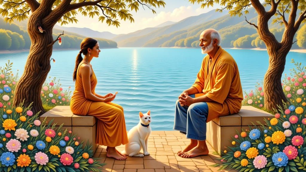 On a sun-drenched lakeside promenade, a middle-aged bald man with a gentle smile and a white spiral bindi on his forehead, wearing earth-ton...