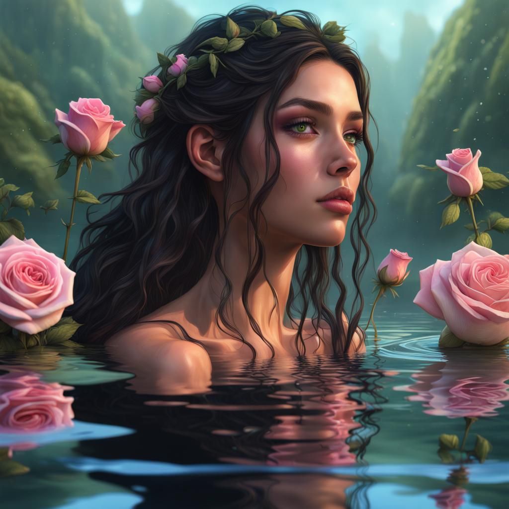 19 year old girl with dark long hair and green eyes floating on water staring at her reflection. Pink roses in her hair....