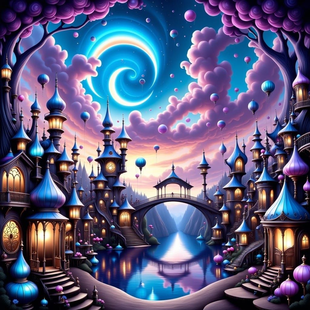 <lora:Flux Whimsy Gothic:1.0>  whimsical Wonderland: dreamy landscape fluid pastel sky sparkling gemstone air fractals: flawless magical rom...