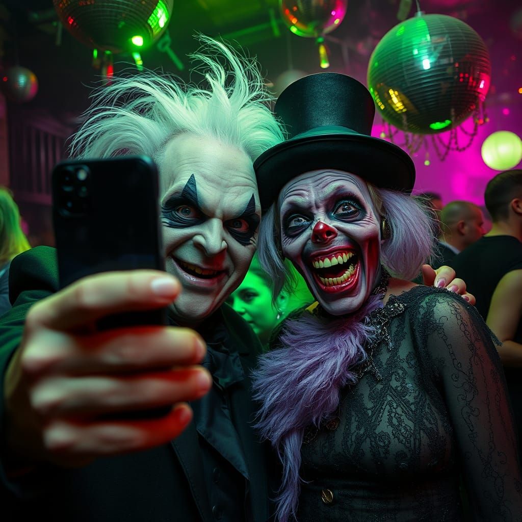 Uncle Fester poses for a selfie with aunt hairball at the monster ball, disco decorations  by @Easter Bunny