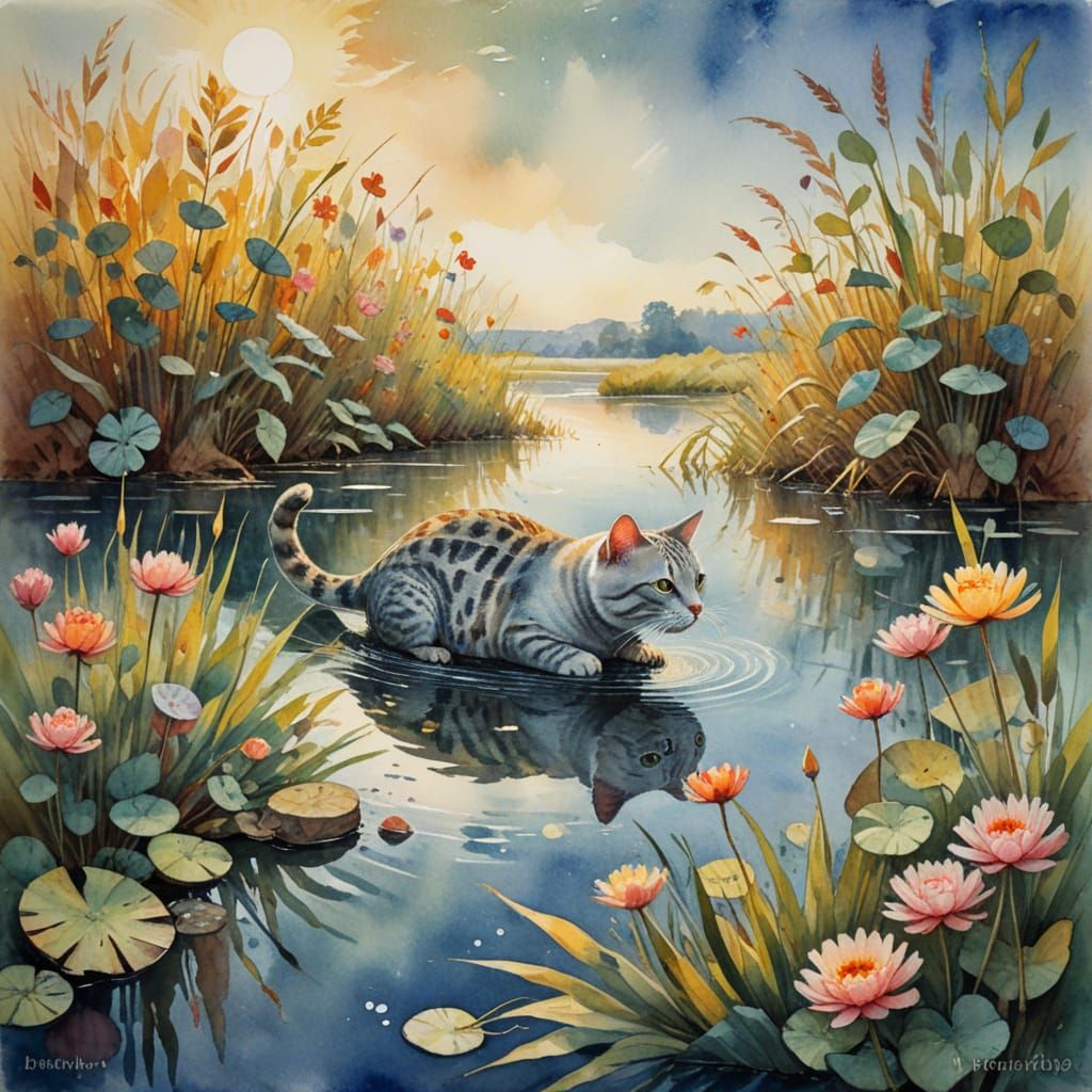 Watercolor Cat Fishing in Lake, Expressive Pastel Painting
