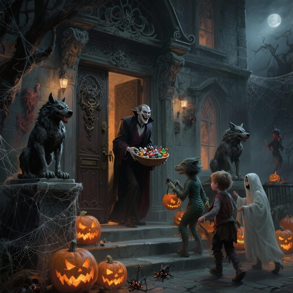 A spooky front porch on a haunted mansion,  gothic columns,  gargoyle,  hell hound statues, spider webs.  Multiple jack o lanterns with spoo...
