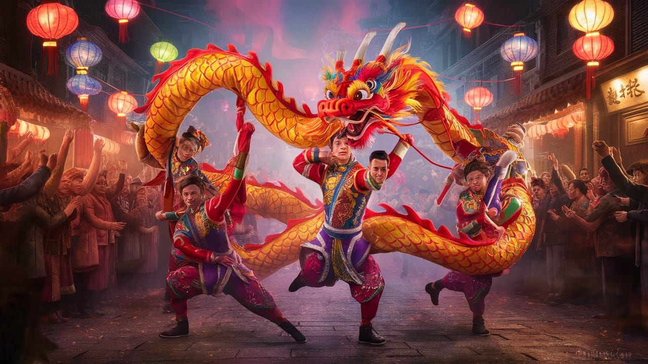 It is a traditional Chinese dragon dance with vibrant costum...