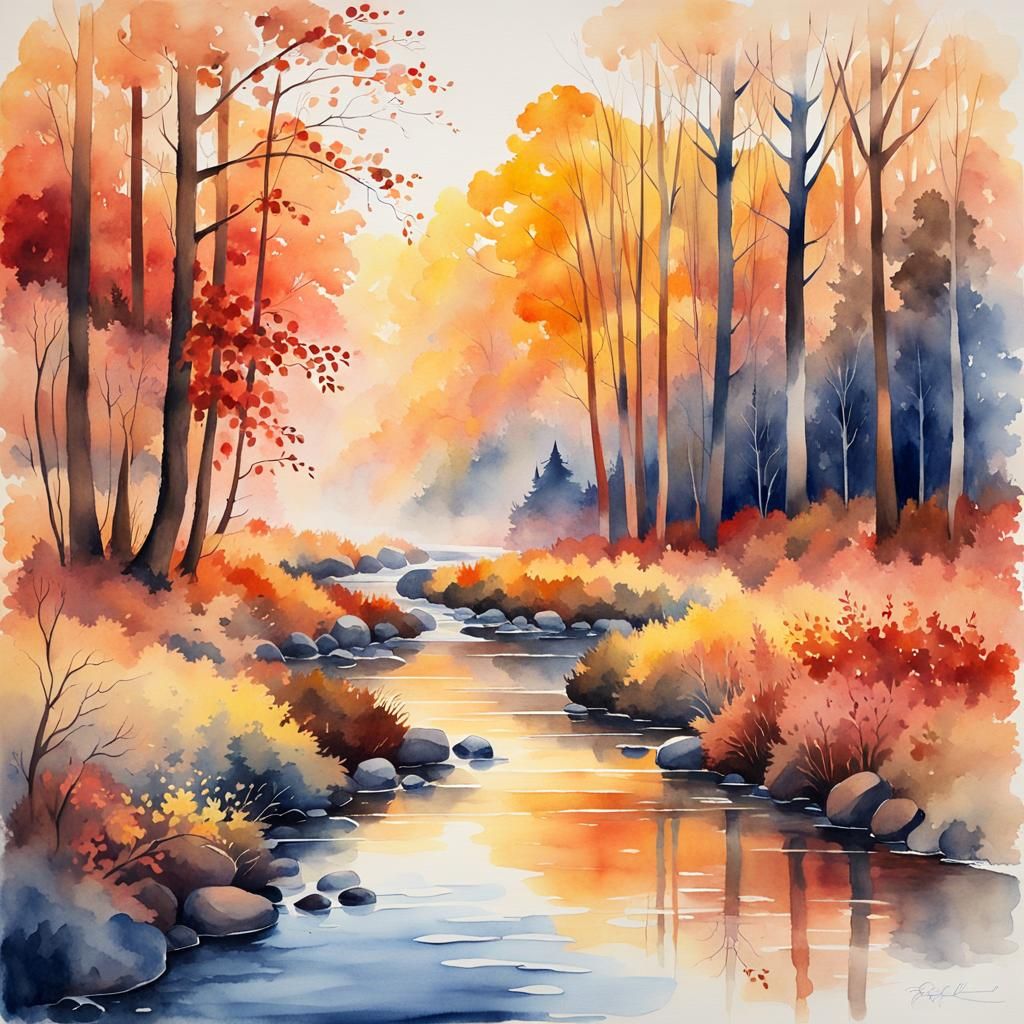 watercolor masterpiece ,autumn landscape ,stream with reflec...