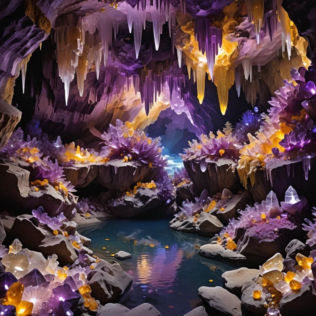 A crystal cave with purple amethyst, white quartz, pink quartz, yellow citrine, with a river running through it