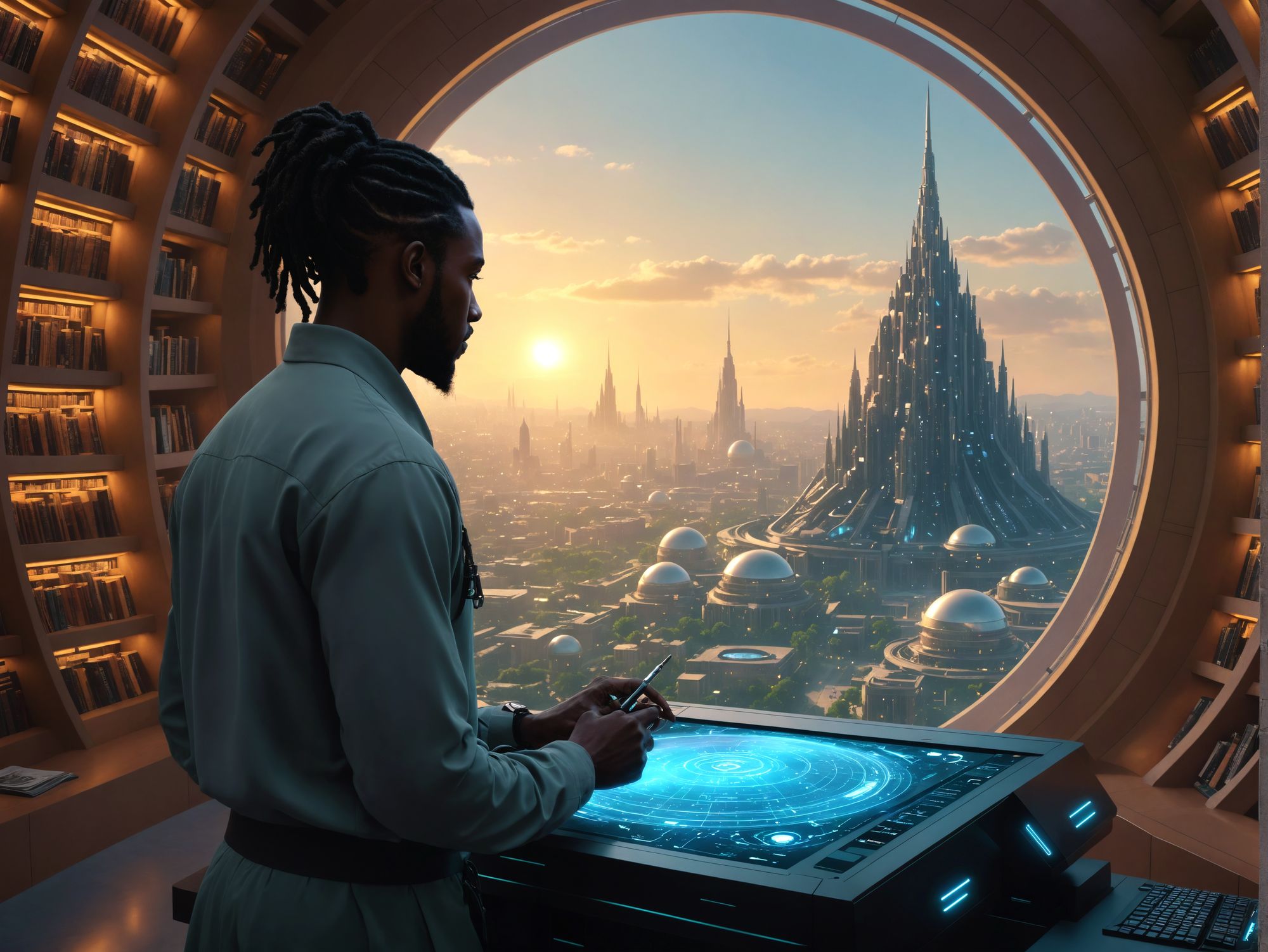 A black man with dreadlocks studies information displayed by an intricate, futuristic, science fiction, display - placed in the bottom right...