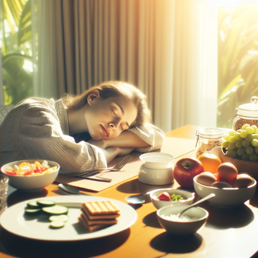 Sweet looking woman sleeping on the table, also food on the ...