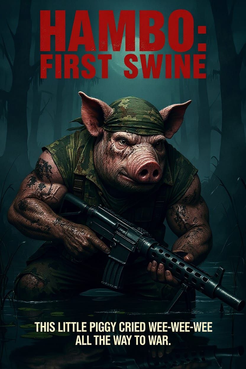 A captivating movie poster featuring an anthropomorphic pig clad in torn camouflage, crouched low in ...  by @morr5750