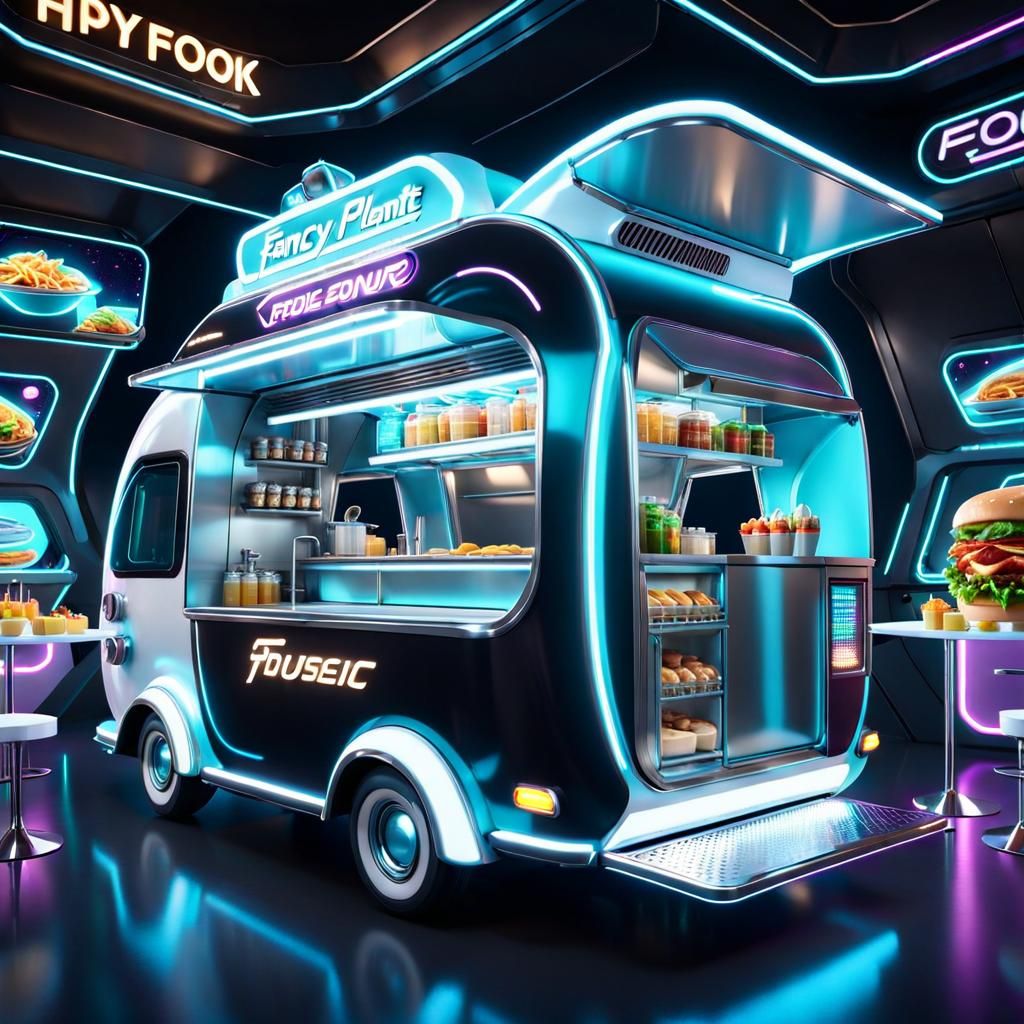Futuristic foodtruck with neon lights  by @blancoerizo