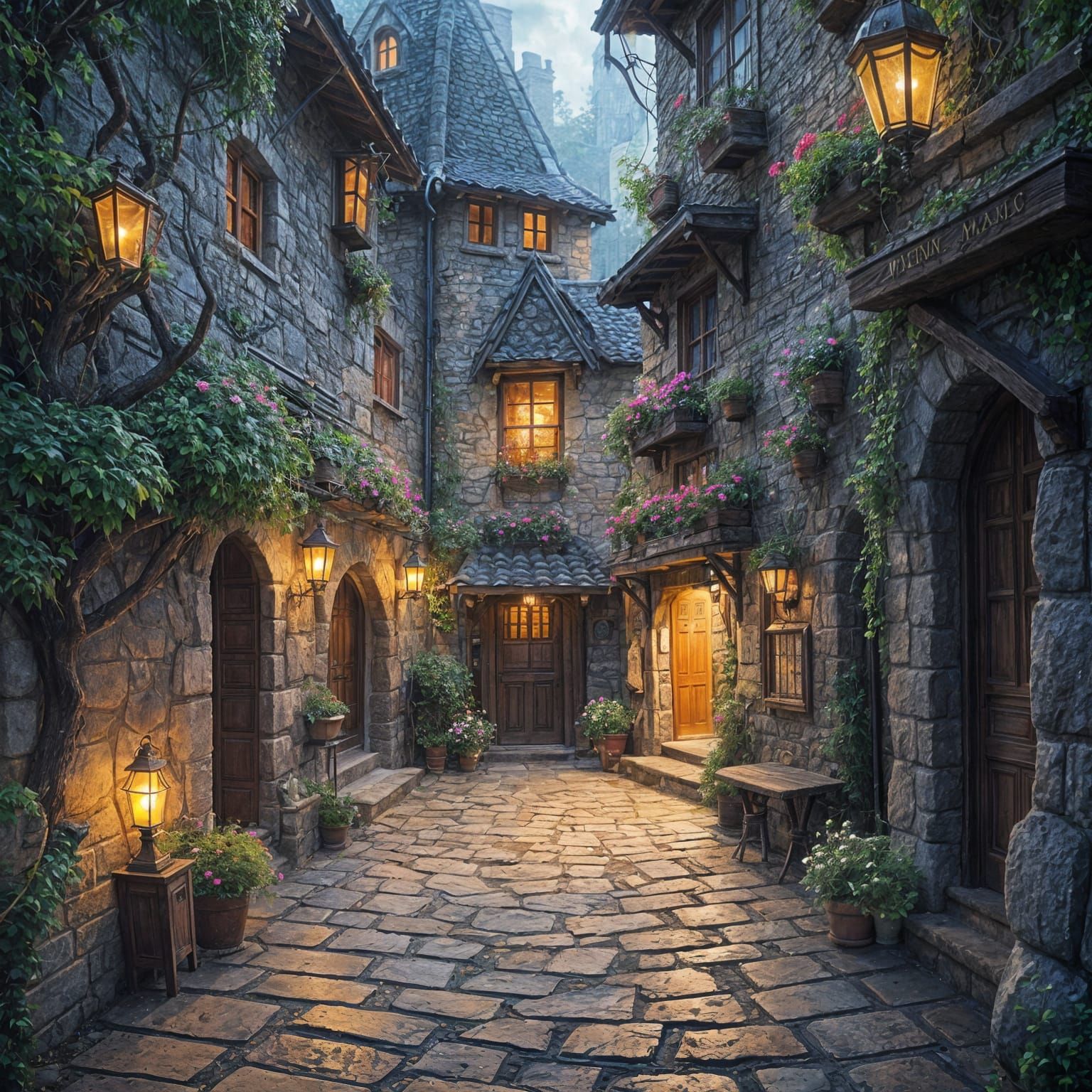 A vibrant, magical alleyway within a whimsical fantasy city, where the walls are lined with glowing flora ...  by @The next thing