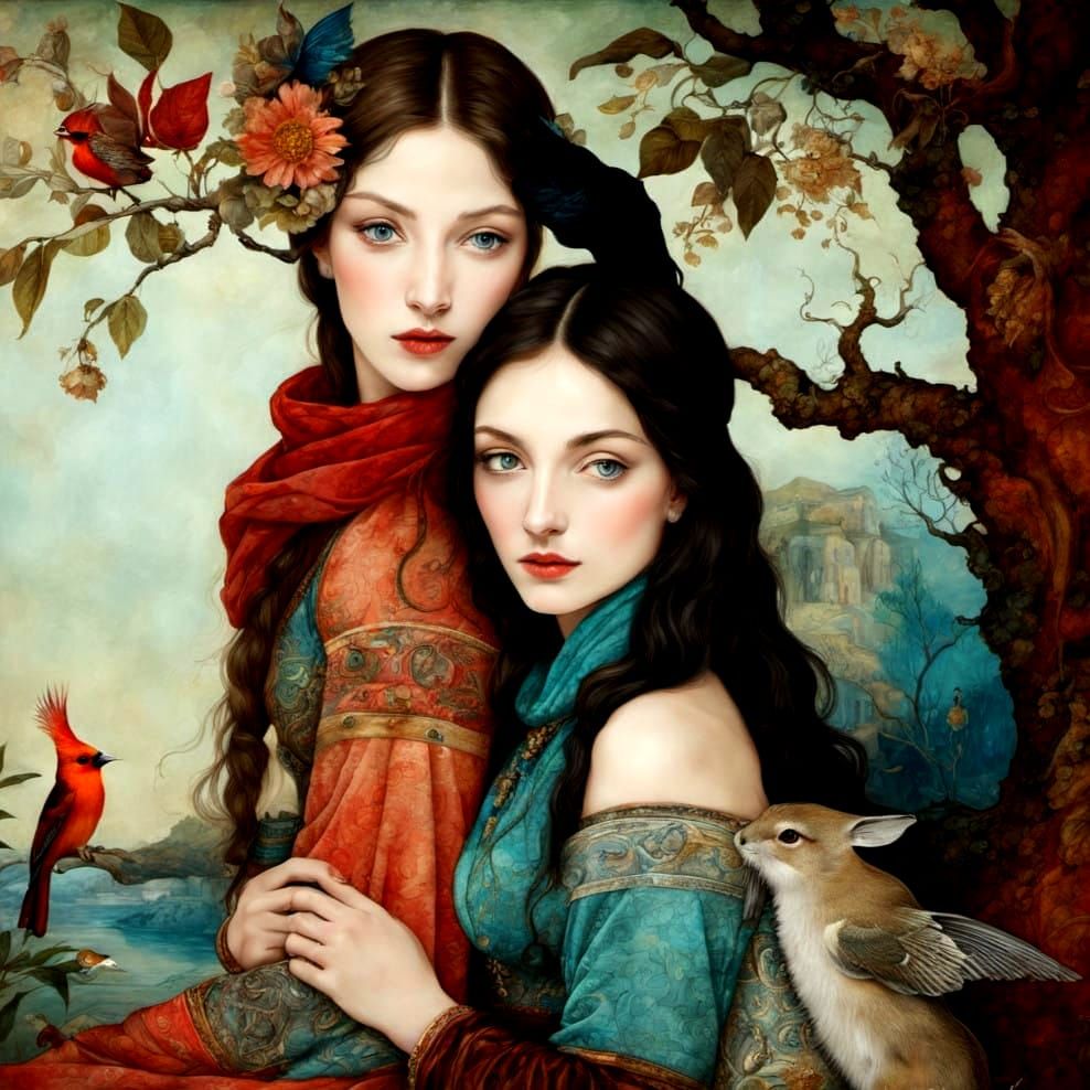 Medieval Ladies in Whimsical Woodland, in a Distressed Manus...