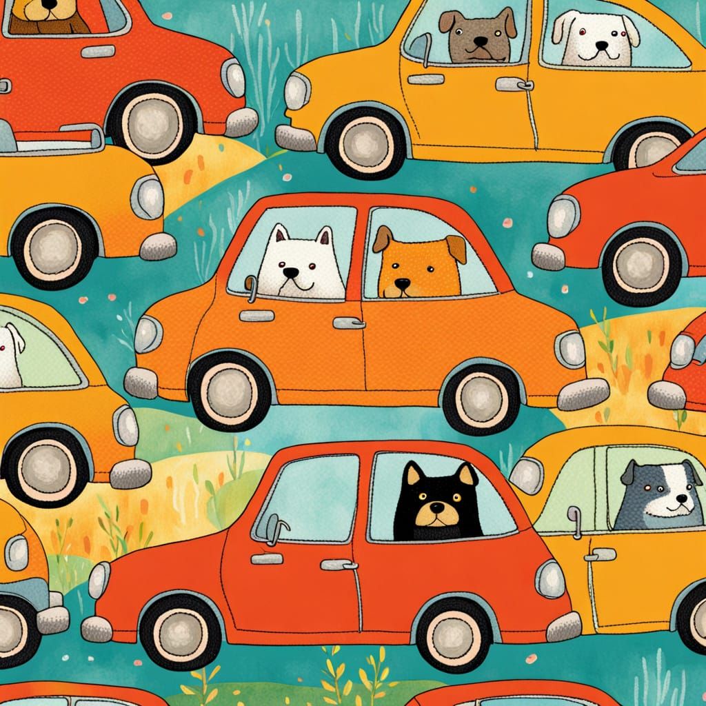 envision a  very long colorful pair of socks adorned with a highly detailed  repeating   pattern in red orange and yellow of  many dogs driv...